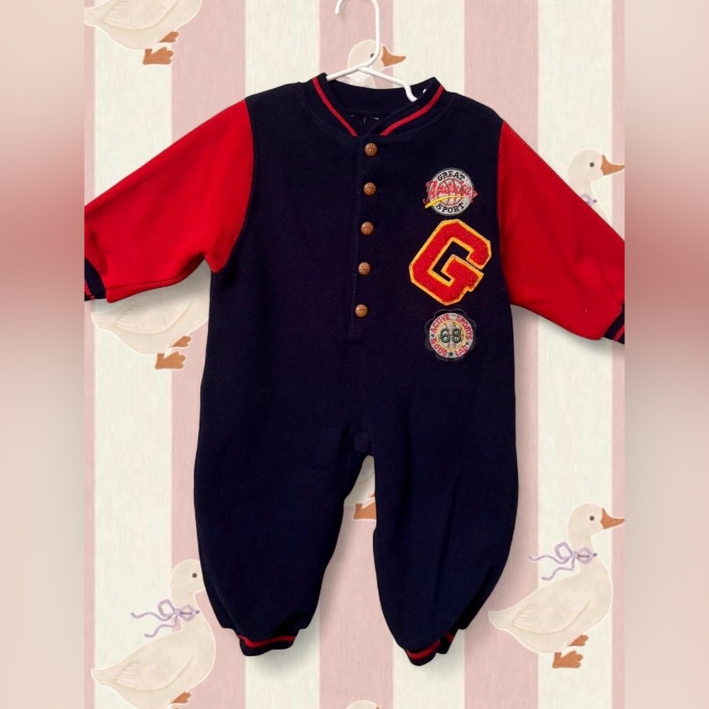 Vintage Navy Footie One-Piece with Red Sleeves and Yellow Appliqué
